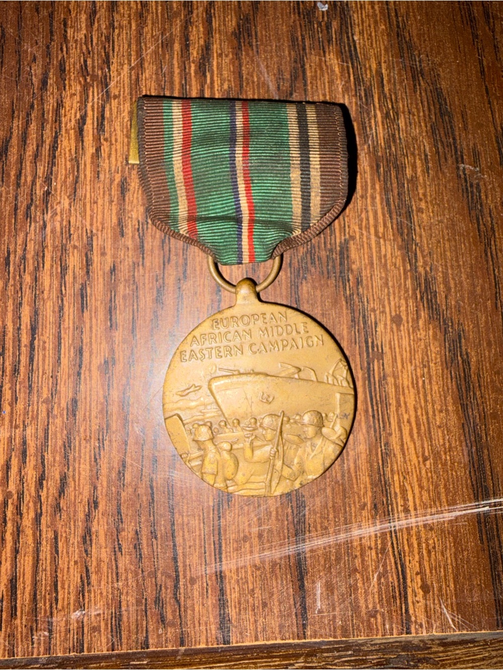 Vintage Military Campaign Medal with Ribbon - Green, Brown, Red Stripe